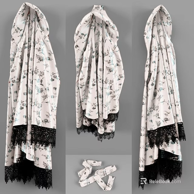 Elegant Floral Print Dress With White Base And Black Lace Trim Feminine Design 3d model 