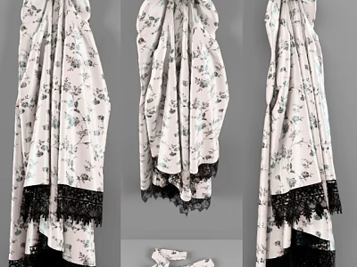 Elegant Floral Print Dress With White Base And Black Lace Trim Feminine Design 3d model