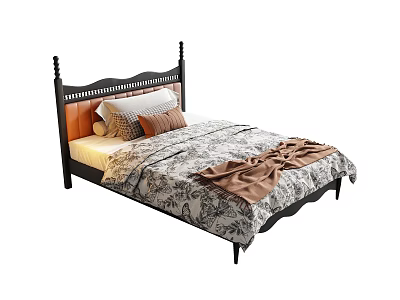 Single Bed Featuring Black Carved Headboard Multiple Neutral Pillows Floral Quilt and Brown Throw Blanket 3d model