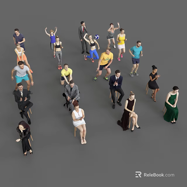 Diverse Group of People in Various Poses and Attire Standing and Sitting 3d model 