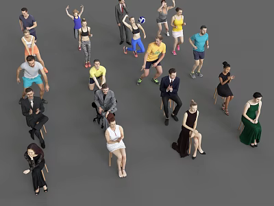 Diverse Group of People in Various Poses and Attire Standing and Sitting 3d model