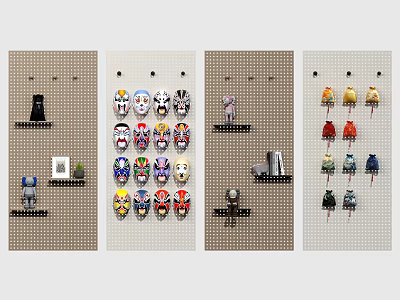 Various Hanging Ornaments Displayed on Grid Panels With Diverse Designs And Shapes 3d model