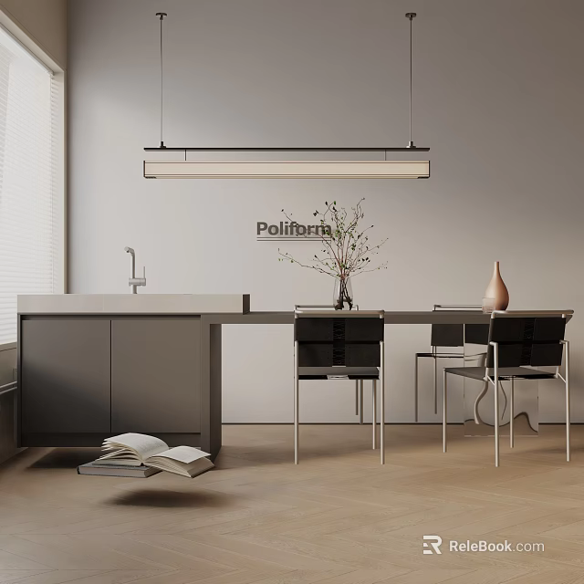 Modern Dining Table Set With Chairs Kitchen Counter Pendant Light And Vase Books 3d model 