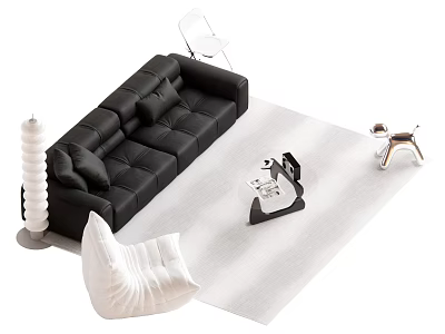 Black Sectional Sofa In Modern Living Space With White Rug And Accent Chairs 3d model