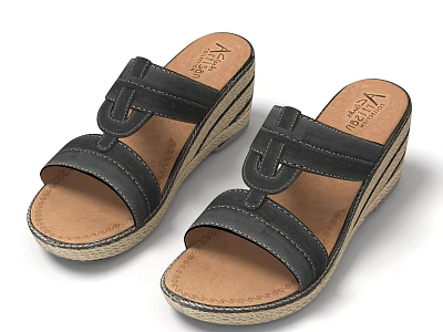Women's Black Wedge Sandals With Adjustable Straps 3d model