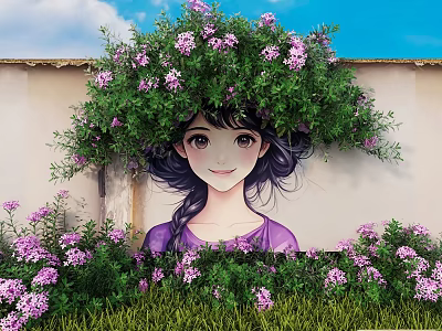 Vibrant Mural Art Featuring Girl With Purple Flowers And Green Plants Under Blue Sky 3d model