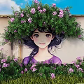 Vibrant Mural Art Featuring Girl With Purple Flowers And Green Plants Under Blue Sky