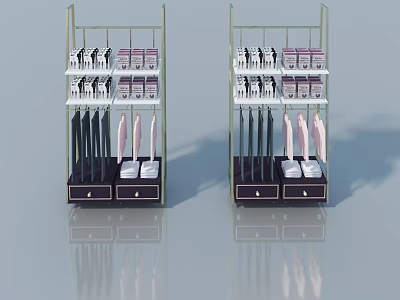 Clothing Display Racks With Multiple Shelves Hanging Clothes And Swing Door Drawers 3d model