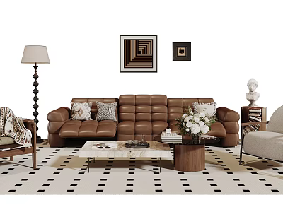Brown Leather Sofa And Coffee Table Set With Decorative Pillows Patterned Rug And Wall Art 3d model