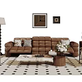 Brown Leather Sofa And Coffee Table Set With Decorative Pillows Patterned Rug And Wall Art 3d model