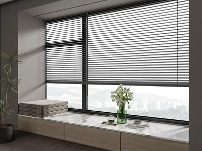 Window Seat Design With Black Blinds Marble Countertop City View And Potted Plant 3d model