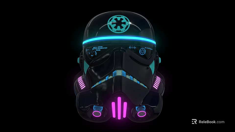 Black Futuristic Helmet With Imperial Logo And Neon Blue Pink Lights 3d model 