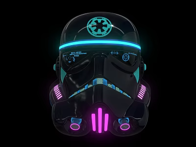 Black Futuristic Helmet With Imperial Logo And Neon Blue Pink Lights 3d model