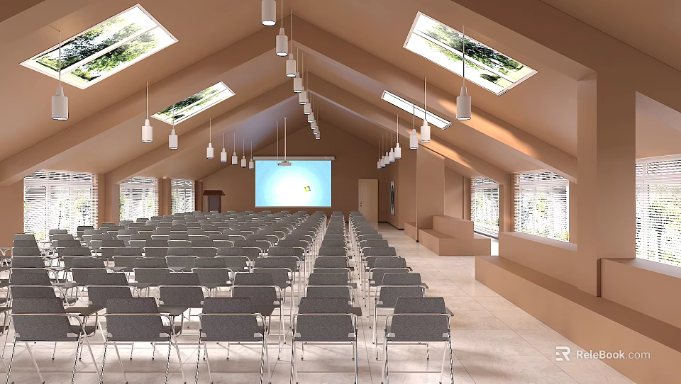 Spacious Conference Room With Rows Of Gray Chairs Projection Screen Skylights And Hanging Lights 3d model 