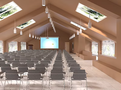 Spacious Conference Room With Rows Of Gray Chairs Projection Screen Skylights And Hanging Lights 3d model