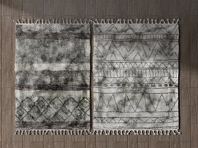 Modern Square Rugs With Geometric Patterns Fringed Edges And Gray Tones On Wooden Floor 3d model