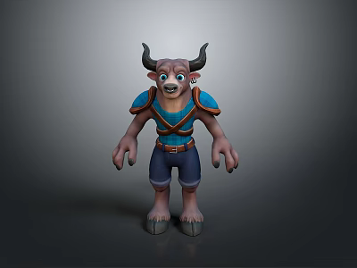 Bull Character Horned Creature With Blue Vest Pants Muscular Arms Standing Pose 3d model