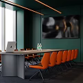 Modern Conference Room With Dark Green Walls Large Windows And Orange Chairs