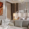 Elegant Modern Bedroom Interior With Gold Chandelier Upholstered Headboard Nightstands Sofa And Curtains