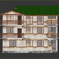 Cartoon Style Three Story Building With Green Roof Beige Walls And Red Railings