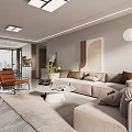 Modern Living and Dining Room With Beige Sofa Round Coffee Table Rug and Floor-to-Ceiling Windows