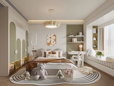 Adorable Kids Room Interior Design With Bed Stuffed Toys Round Rug And Chandelier 3d model