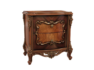 Antique Wooden Nightstand With Ornate Carved Details And Metal Accent Drawers 3d model