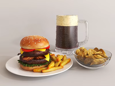 Appetizing Hamburger With Foamy Beer French Fries And Crispy Chips On Plate 3d model