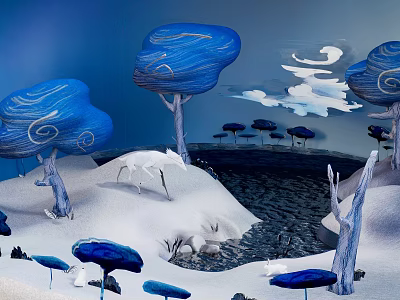 Whimsical Cartoon Winter Landscape With Blue Trees Snowy Ground Pond Clouds And Small Plants 3d model