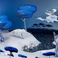 Whimsical Cartoon Winter Landscape With Blue Trees Snowy Ground Pond Clouds And Small Plants