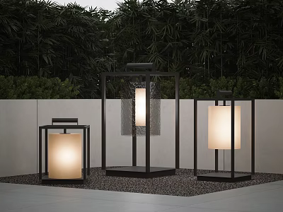 Modern Outdoor Lights With Black Frame And Light Colored Shade In Garden Setting With Greenery 3d model
