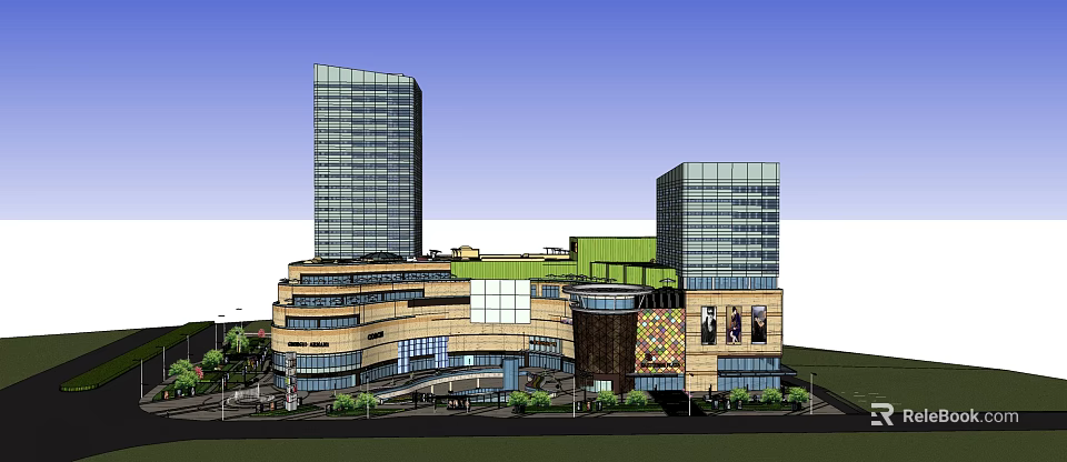 Modern Commercial Complex With High Rise Towers Glass Curtain Walls And Green Roof 3d model 