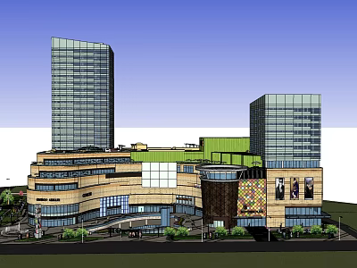 Modern Commercial Complex With High Rise Towers Glass Curtain Walls And Green Roof 3d model