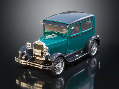 Vintage Green Classic Car Model Displayed on Dark Reflective Surface 3d model