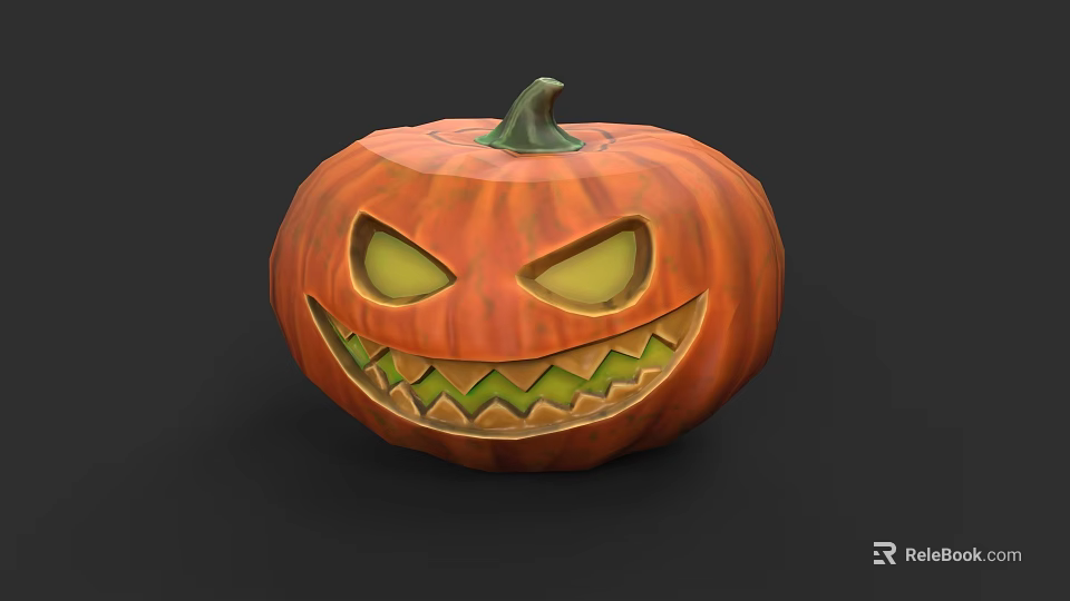 Plant Painting of Jack o Lantern with Carved Face Green Eyes and Orange Body 3d model 