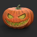 Plant Painting of Jack o Lantern with Carved Face Green Eyes and Orange Body