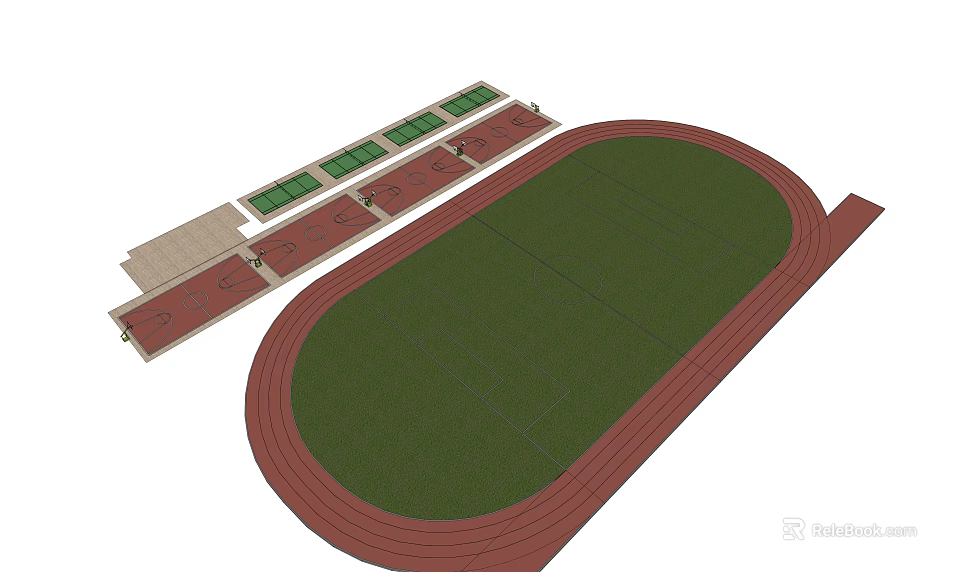 Football Field With Green Grass Pitch Red Running Track And Spectator Stands 3d model 