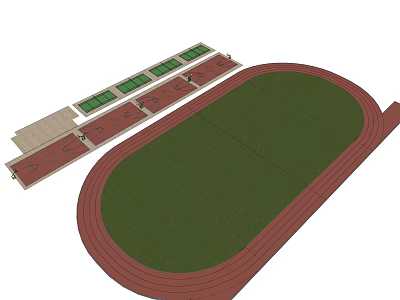 Football Field With Green Grass Pitch Red Running Track And Spectator Stands 3d model
