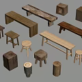 Natural Wood Stools and Benches with Assorted Designs and Sizes 3d model