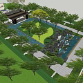 Rockery Stones In Modern Garden With Green Trees Lawn And White Stone Path