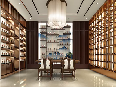 Elegant Specialty Store Interior With Wooden Display Shelves Table Chairs Chandelier And Landscape Painting Wall 3d model