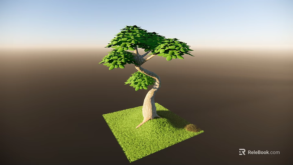 Cartoon Scene With Bent Trunk Tree Lush Green Leaves And Green Grass Patch 3d model 