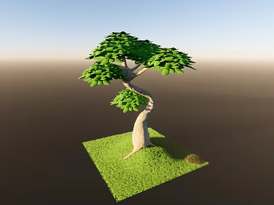 Cartoon Scene With Bent Trunk Tree Lush Green Leaves And Green Grass Patch 3d model