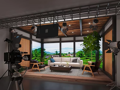 Modern Public Office Space With Open Layout Sofa Coffee Table Green Plants And Scenic View 3d model