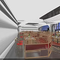 Modern Restaurant Interior With Unique Wave-like Ceiling Red Chairs Bar Counter And Windows