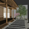 Traditional Japanese Garden Landscape With Wooden Veranda Stone Pathway Red Maple And Shoji Screens