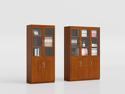Two Simple Wooden Bookcases with Glass Doors Holding Books and Files 3d model