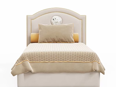 Cozy Kids Bed With Beige Upholstered Headboard Soft Pillows And Quilted Bedspread 3d model