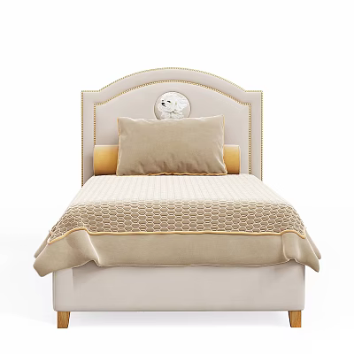 Cozy Kids Bed With Beige Upholstered Headboard Soft Pillows And Quilted Bedspread 3d model