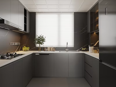 Modern Kitchen Interior With Gray Cabinets Countertops Window Blinds And Appliances 3d model